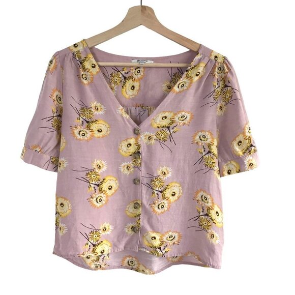 Madewell Pink Linen Blend Plaza Dutch Dandelion Print Top Size XX-Small - Picture 2 of 9